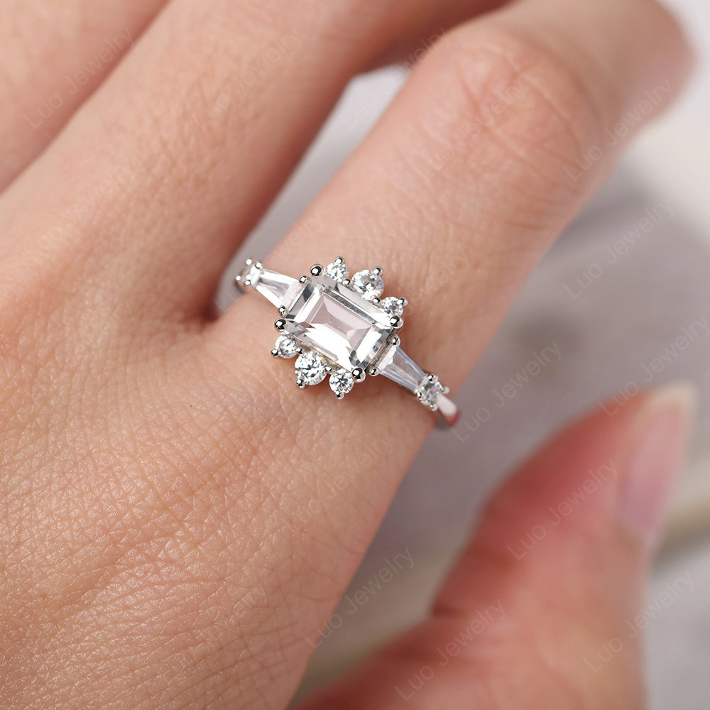 Emerald Cut White Topaz Horizontal Ring - LUO Jewelry