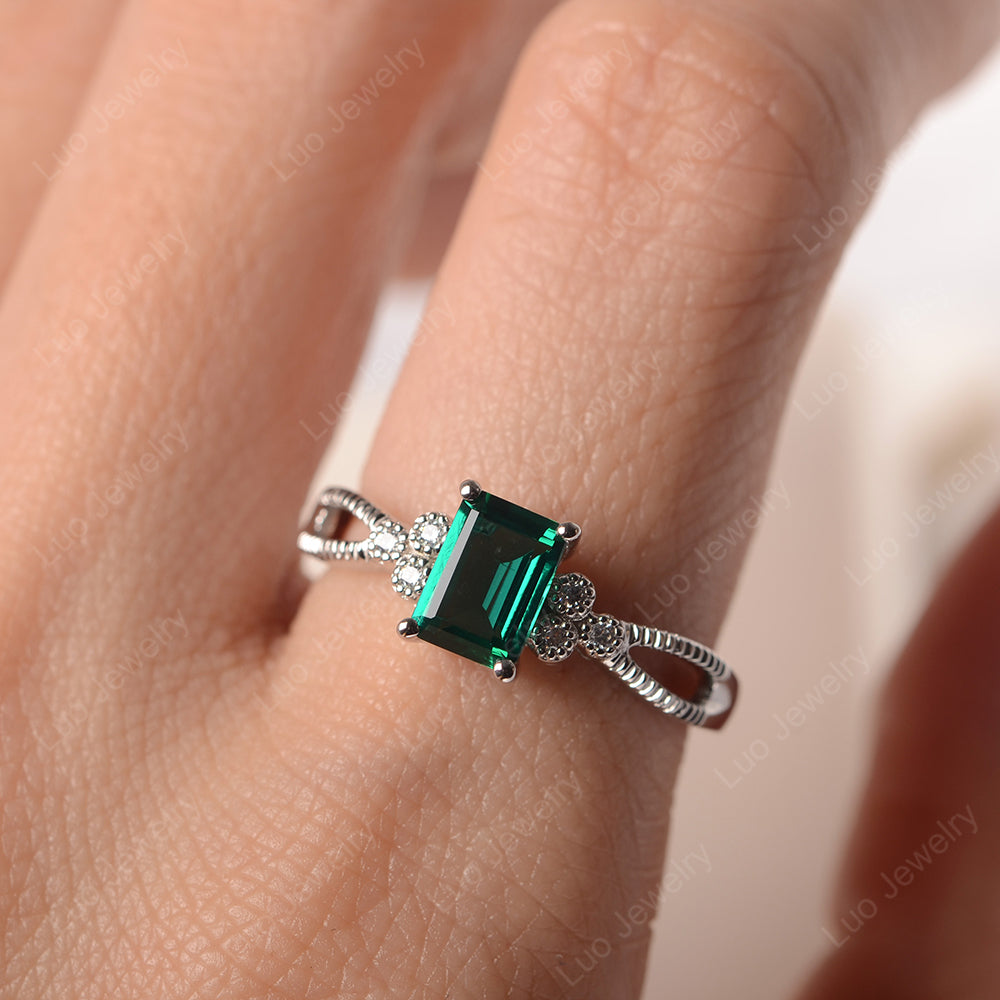 Emerald Cut Lab Emerald Ring Vintage Engagement Ring - LUO Jewelry