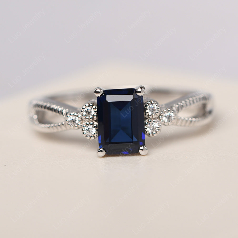 Emerald Cut Lab Sapphire Ring Vintage Engagement Ring - LUO Jewelry