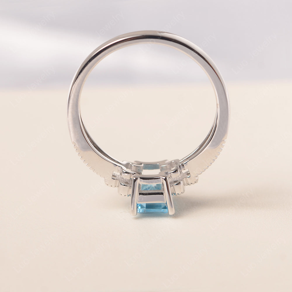 Emerald Cut Swiss Blue Topaz Ring Vintage Engagement Ring - LUO Jewelry