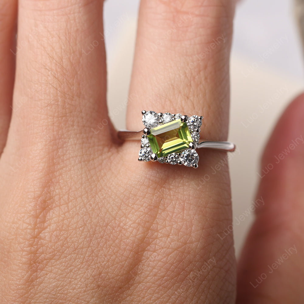 Emerald Cut Peridot Halo Rings - LUO Jewelry