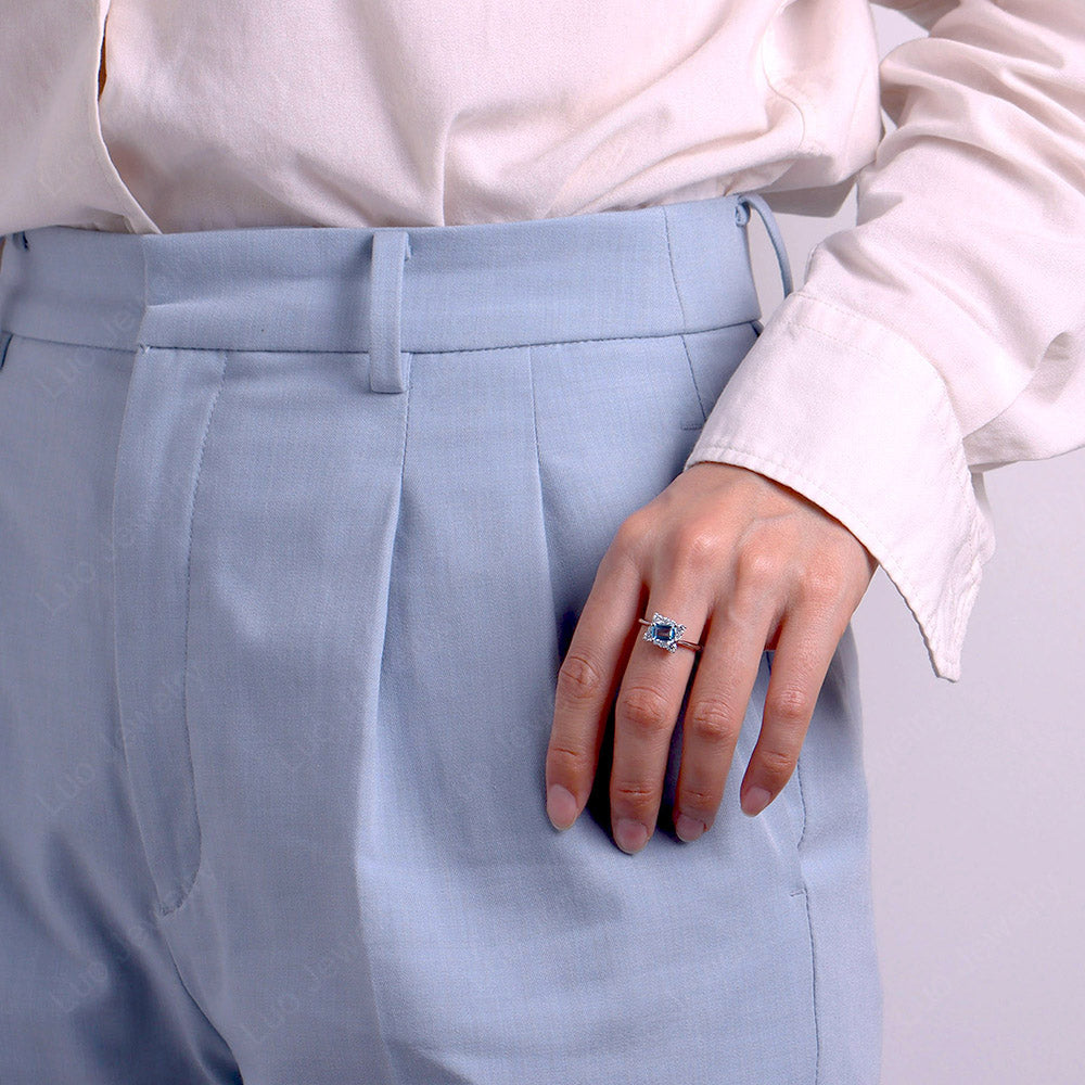 Smaragd geschnittener Schweizer blauer Topas Halo Ring