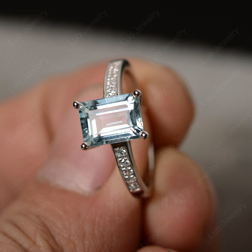 Aquamarine Wedding Ring Emerald Cut White Gold - LUO Jewelry