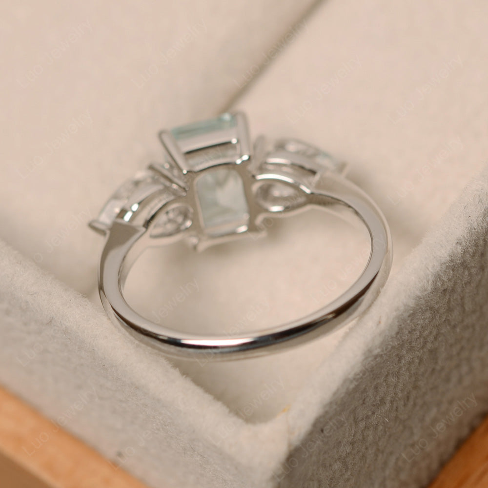 Emerald Cut Aquamarine Ring With Pear Side Stone - LUO Jewelry