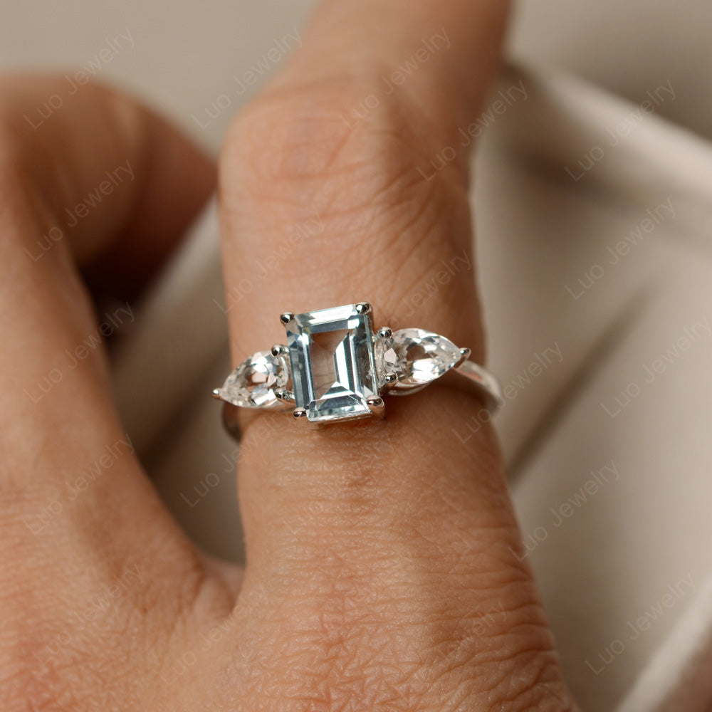 Emerald Cut Aquamarine Ring With Pear Side Stone - LUO Jewelry