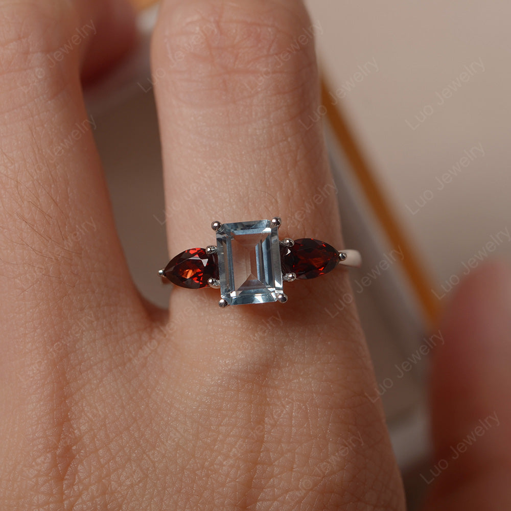 Emerald Cut Aquamarine and Garnet Ring - LUO Jewelry