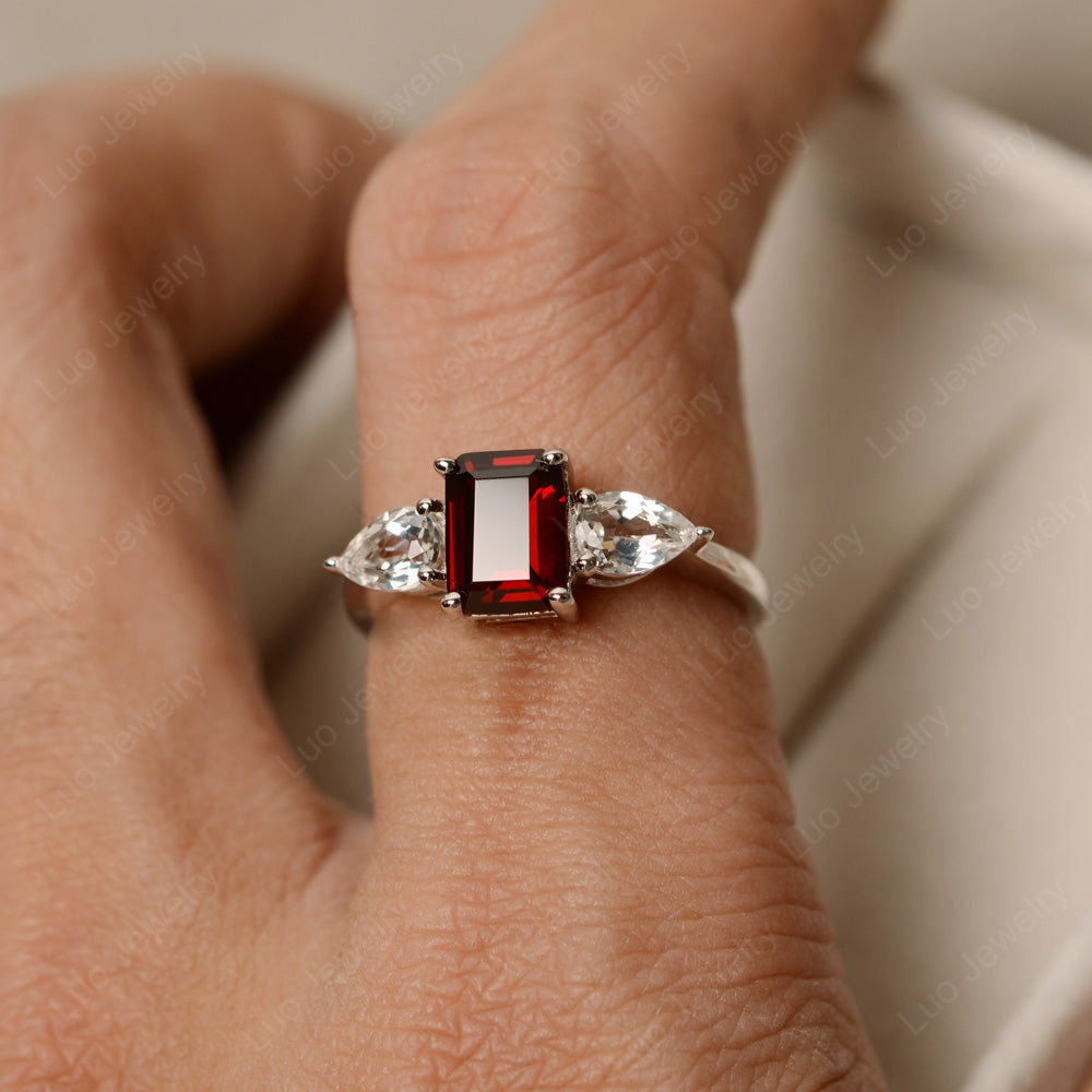 Emerald Cut Garnet Ring With Pear Side Stone - LUO Jewelry