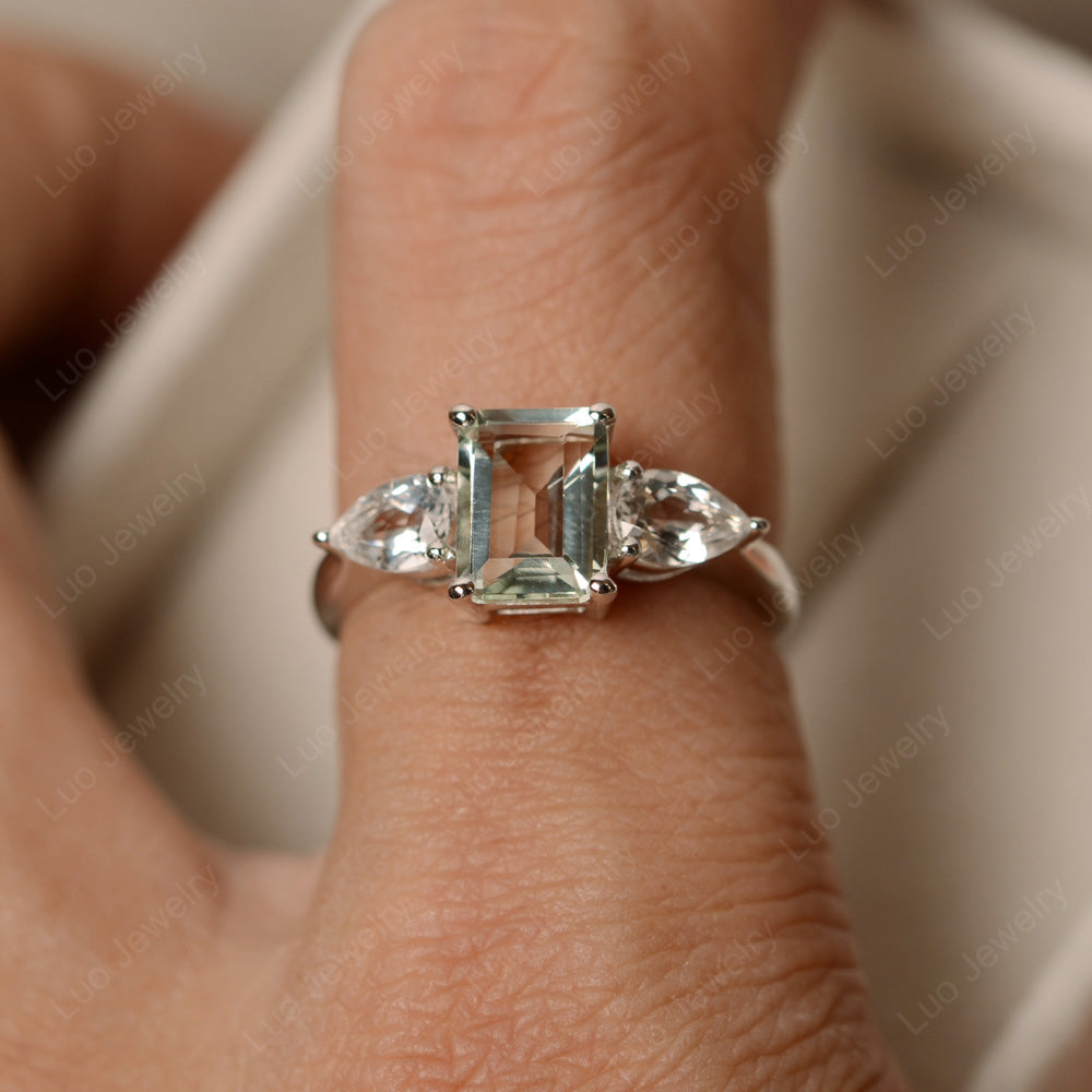 Emerald Cut Green Amethyst Ring With Pear Side Stone - LUO Jewelry