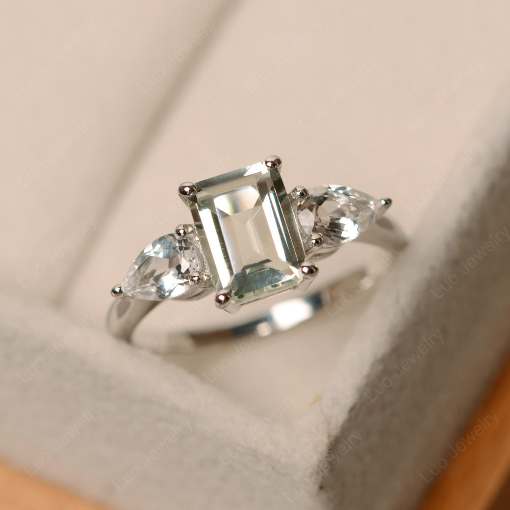 Emerald Cut Green Amethyst Ring With Pear Side Stone - LUO Jewelry