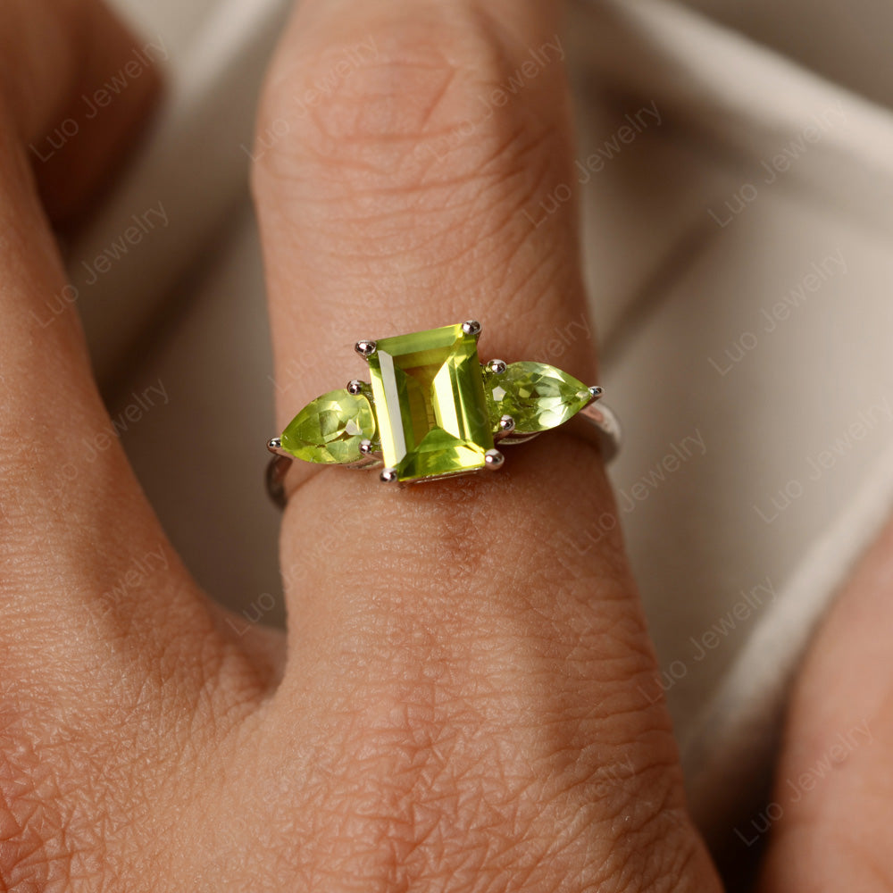 Emerald Cut Peridot Ring With Pear Side Stone - LUO Jewelry