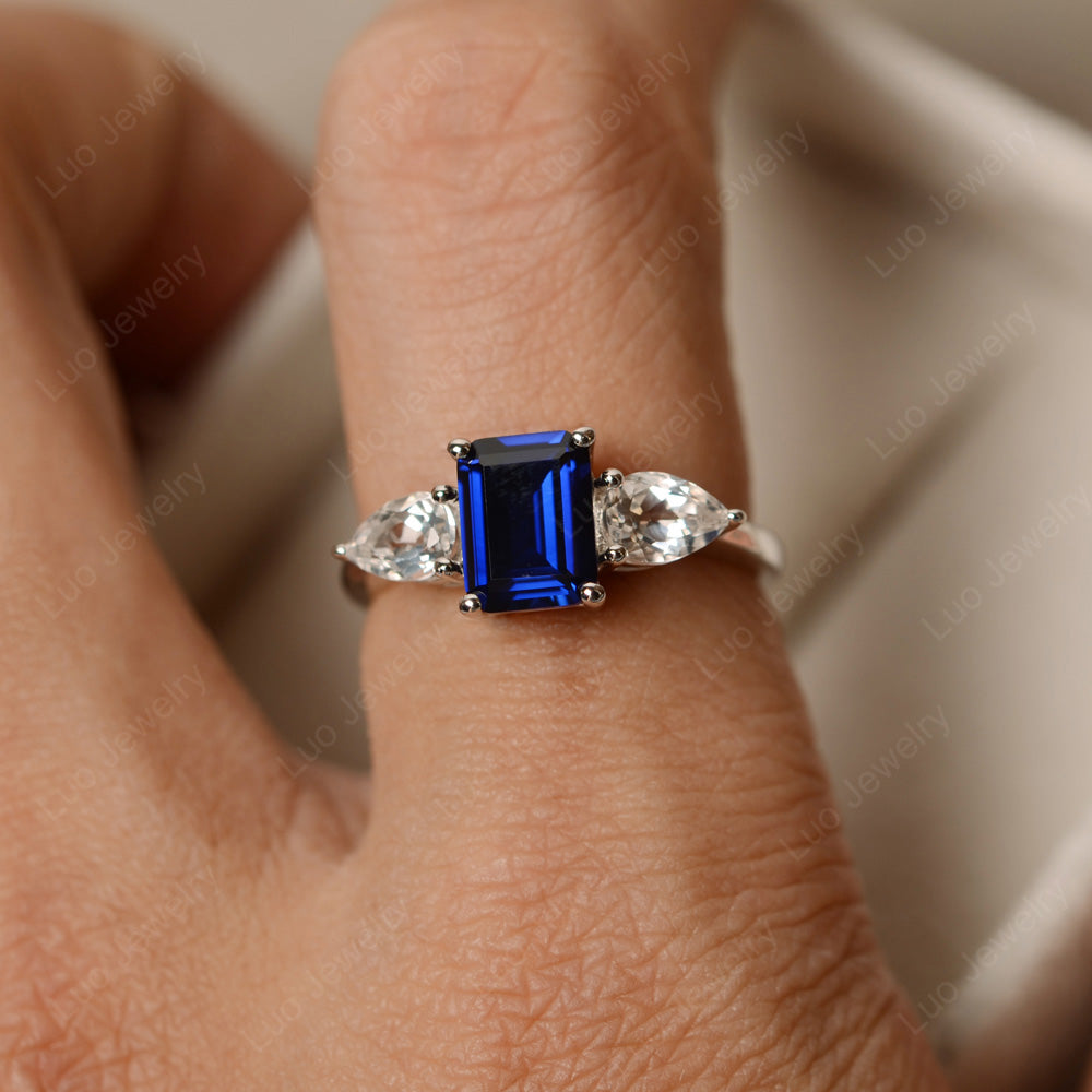 Emerald Cut Lab Sapphire Ring With Pear Side Stone - LUO Jewelry