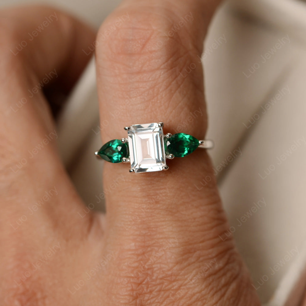 Emerald Cut White Topaz Ring With Pear Side Stone - LUO Jewelry