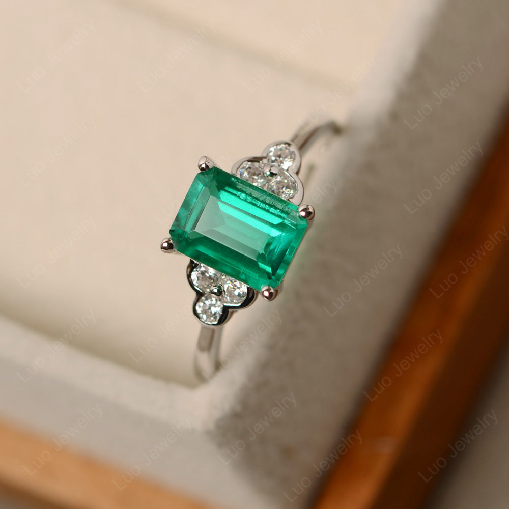 Vintage Emerald Cut Lab Emerald Wedding Ring - LUO Jewelry