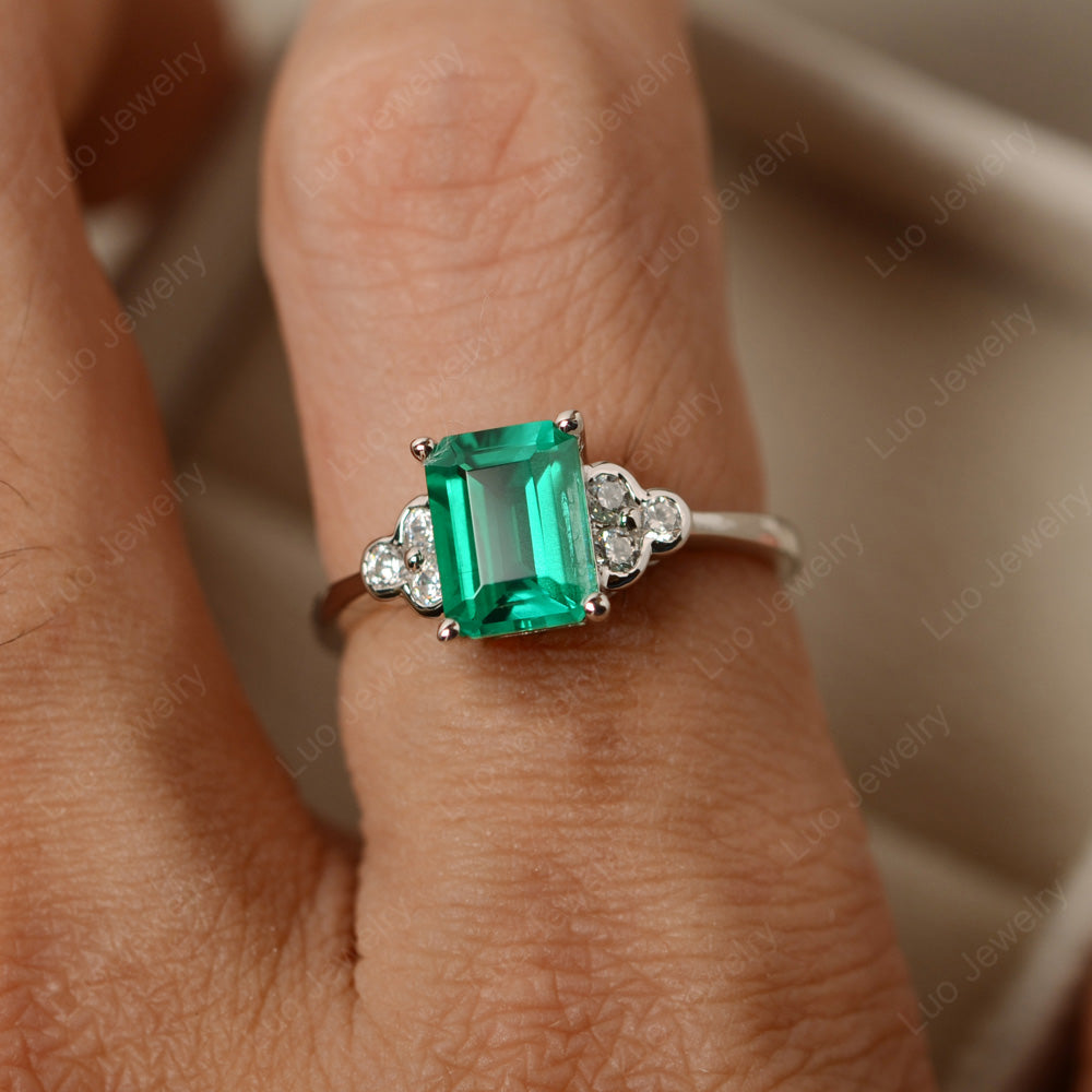 Vintage Emerald Cut Lab Emerald Wedding Ring - LUO Jewelry