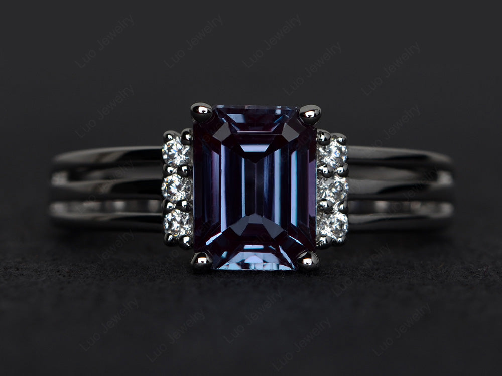 Emerald Cut Alexandrite Split Shank Wedding Ring - LUO Jewelry