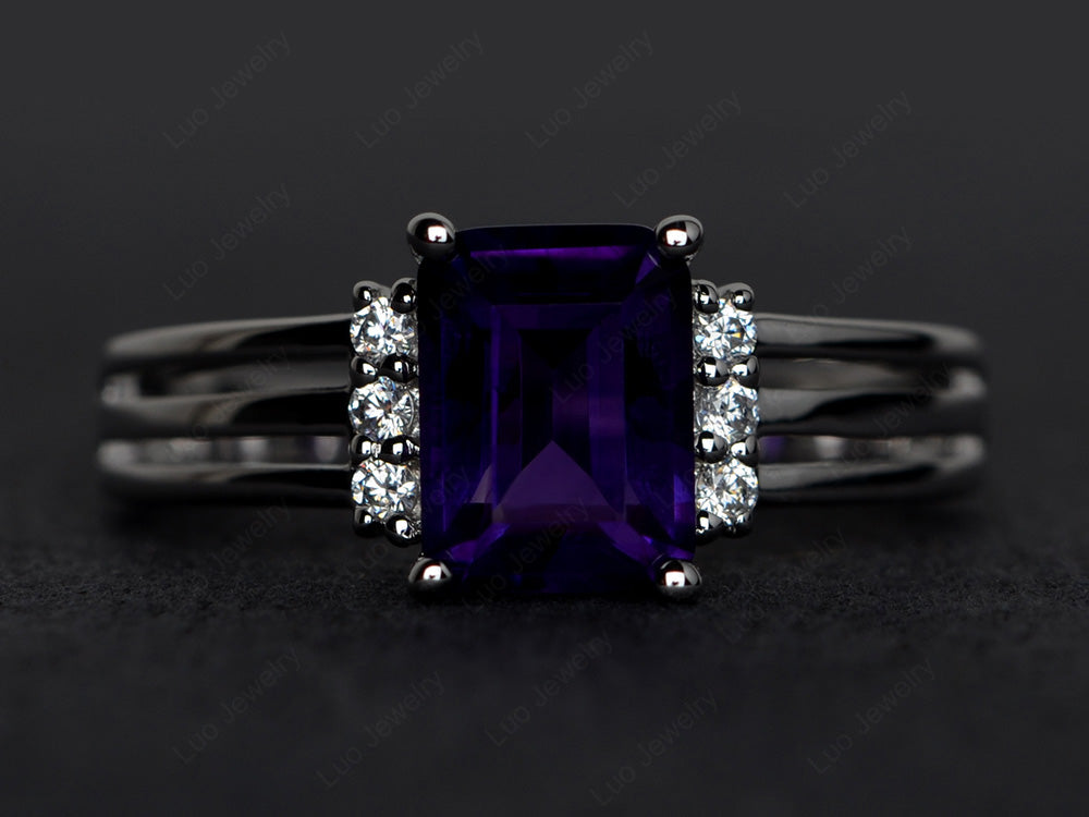 Emerald Cut Amethyst Split Shank Wedding Ring - LUO Jewelry