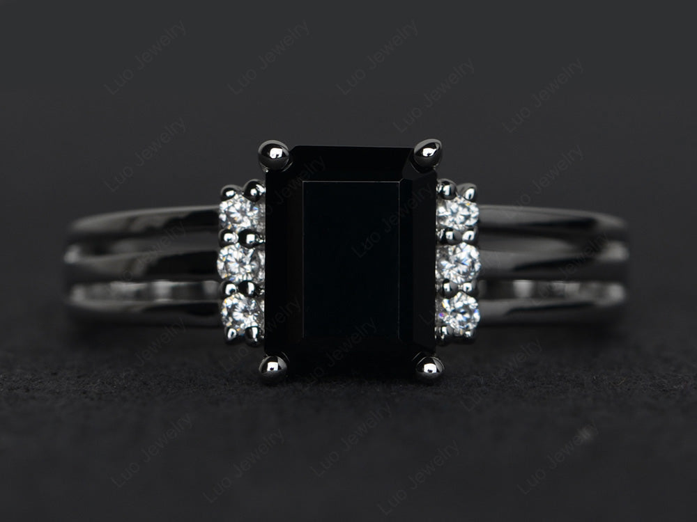 Emerald Cut Black Spinel Split Shank Wedding Ring - LUO Jewelry