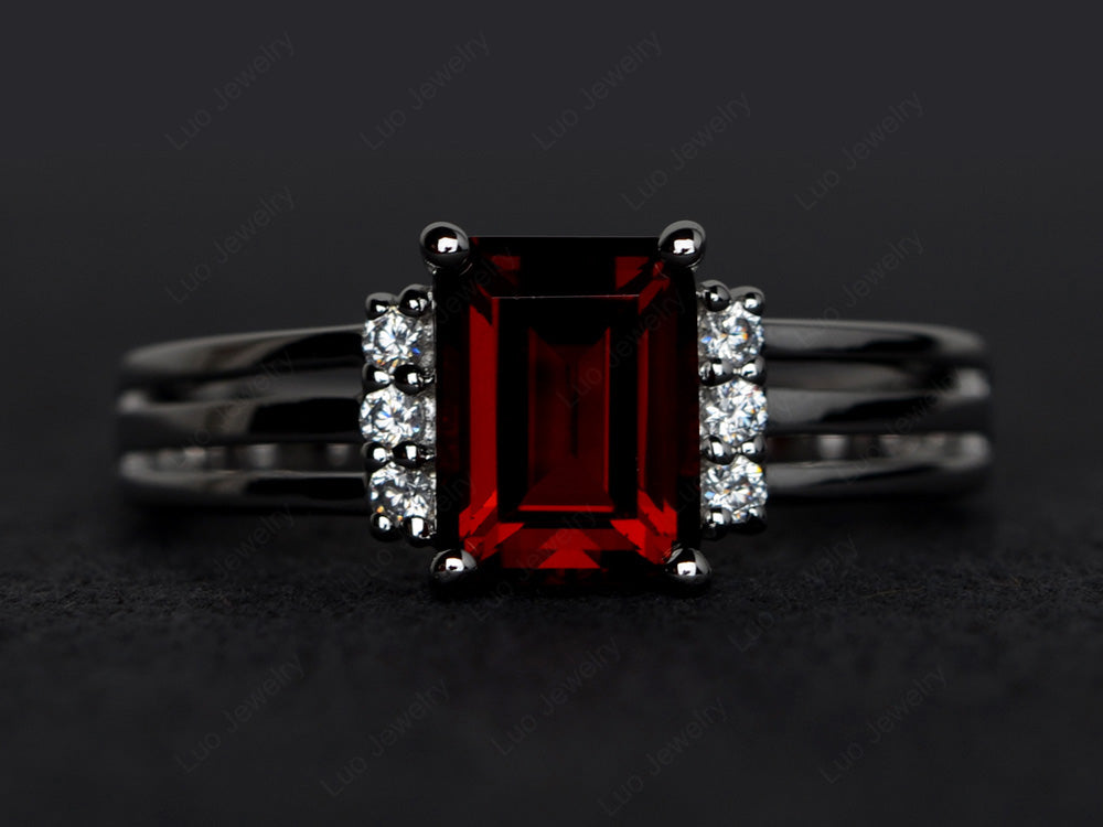 Emerald Cut Garnet Split Shank Wedding Ring - LUO Jewelry