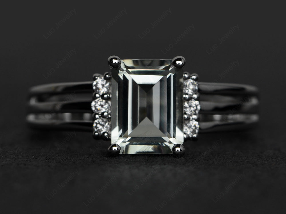 Emerald Cut Green Amethyst Split Shank Wedding Ring - LUO Jewelry