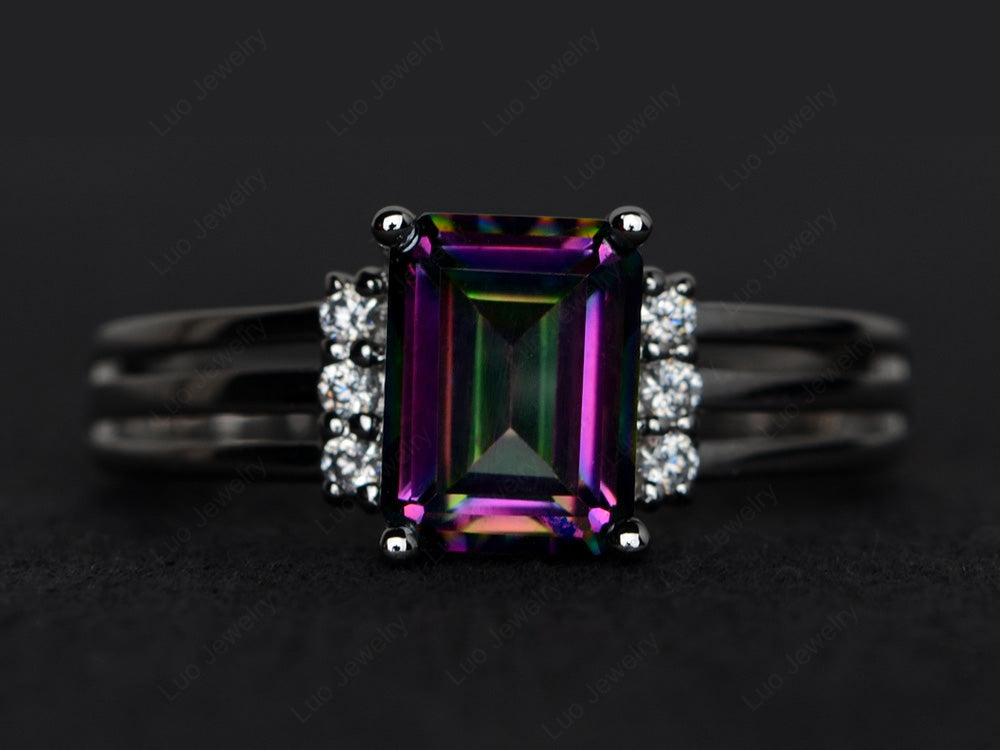 Emerald Cut Mystic Topaz Split Shank Wedding Ring - LUO Jewelry
