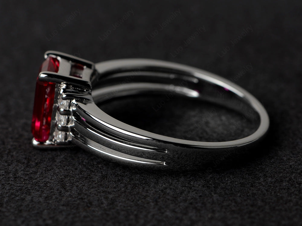 Emerald Cut Ruby Split Shank Wedding Ring - LUO Jewelry