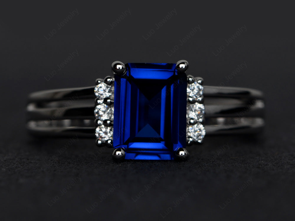 Emerald Cut Lab Sapphire Split Shank Wedding Ring - LUO Jewelry