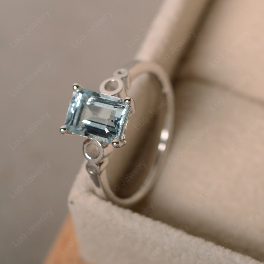 Antique Emerald Cut Aquamarine Solitaire Ring - LUO Jewelry