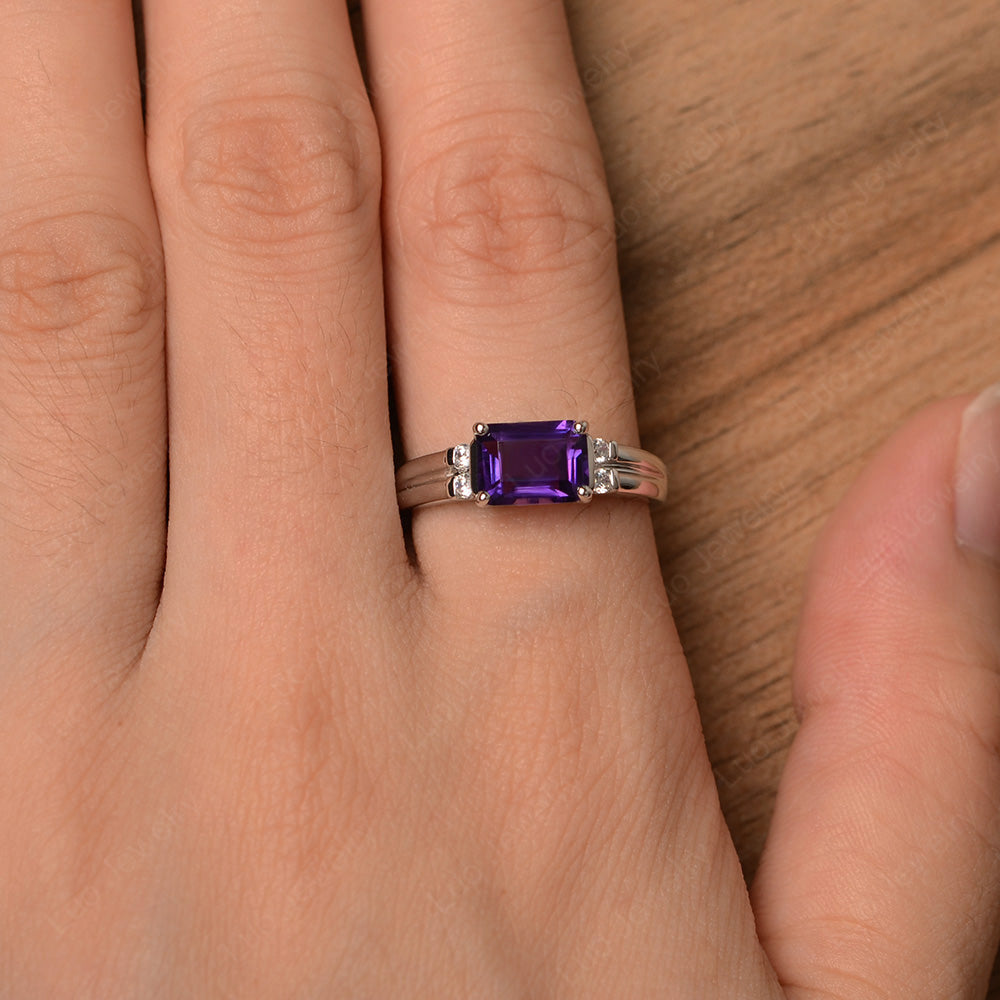 Emerald Cut East West Amethyst Ring Silver - LUO Jewelry