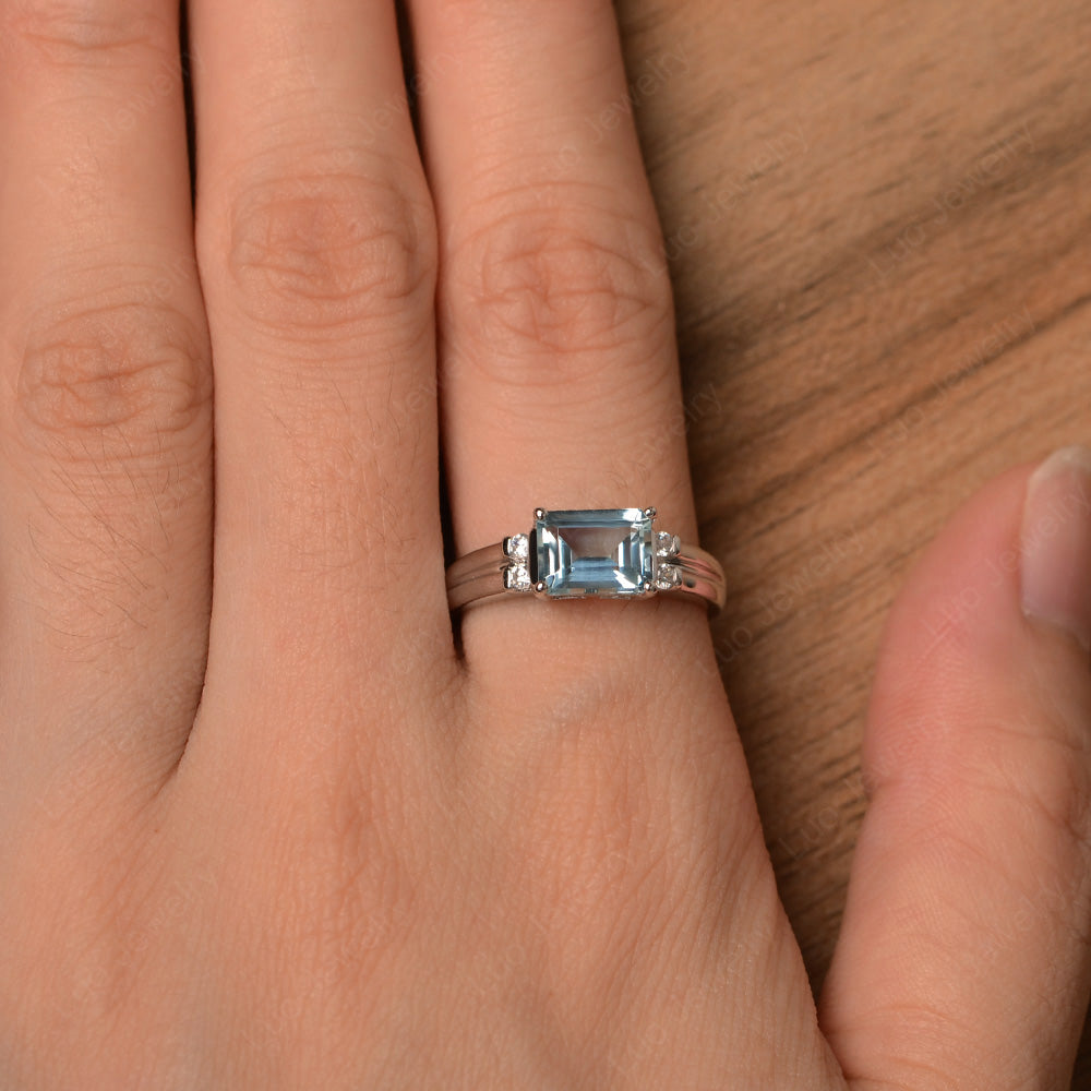 Emerald Cut East West Aquamarine Ring Silver - LUO Jewelry