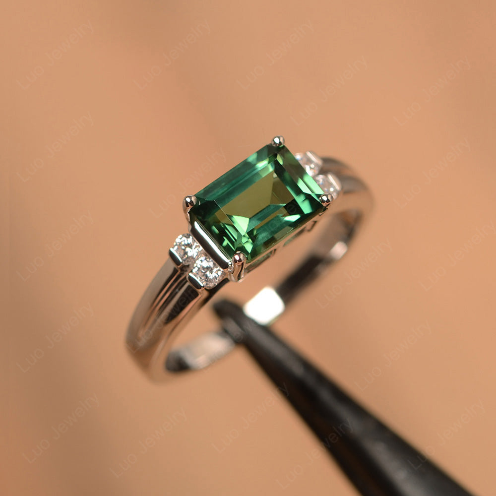 Emerald Cut East West Green Sapphire Ring Silver - LUO Jewelry