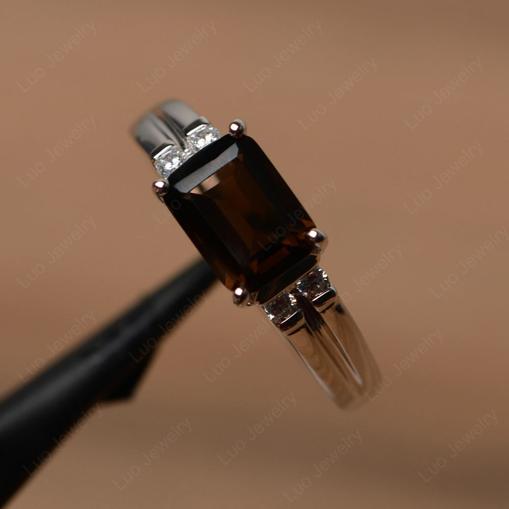 Emerald Cut East West Smoky Quartz Ring Silver - LUO Jewelry