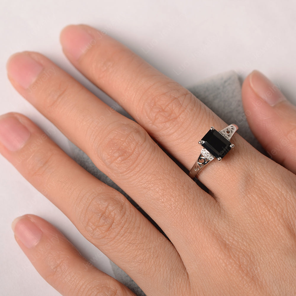 Emerald Cut Art Deco Black Spinel Engagement Ring - LUO Jewelry