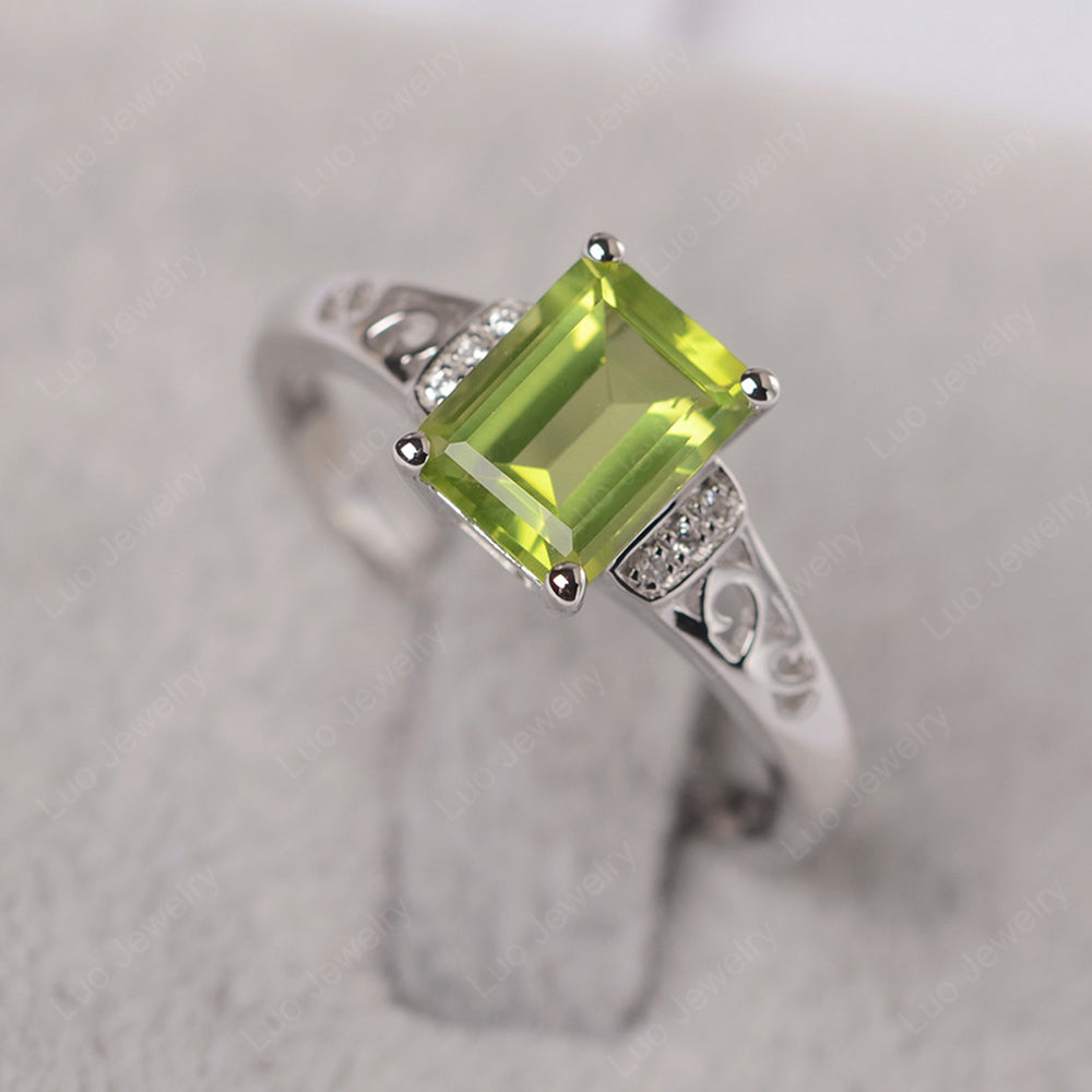 Emerald Cut Art Deco Peridot Engagement Ring - LUO Jewelry