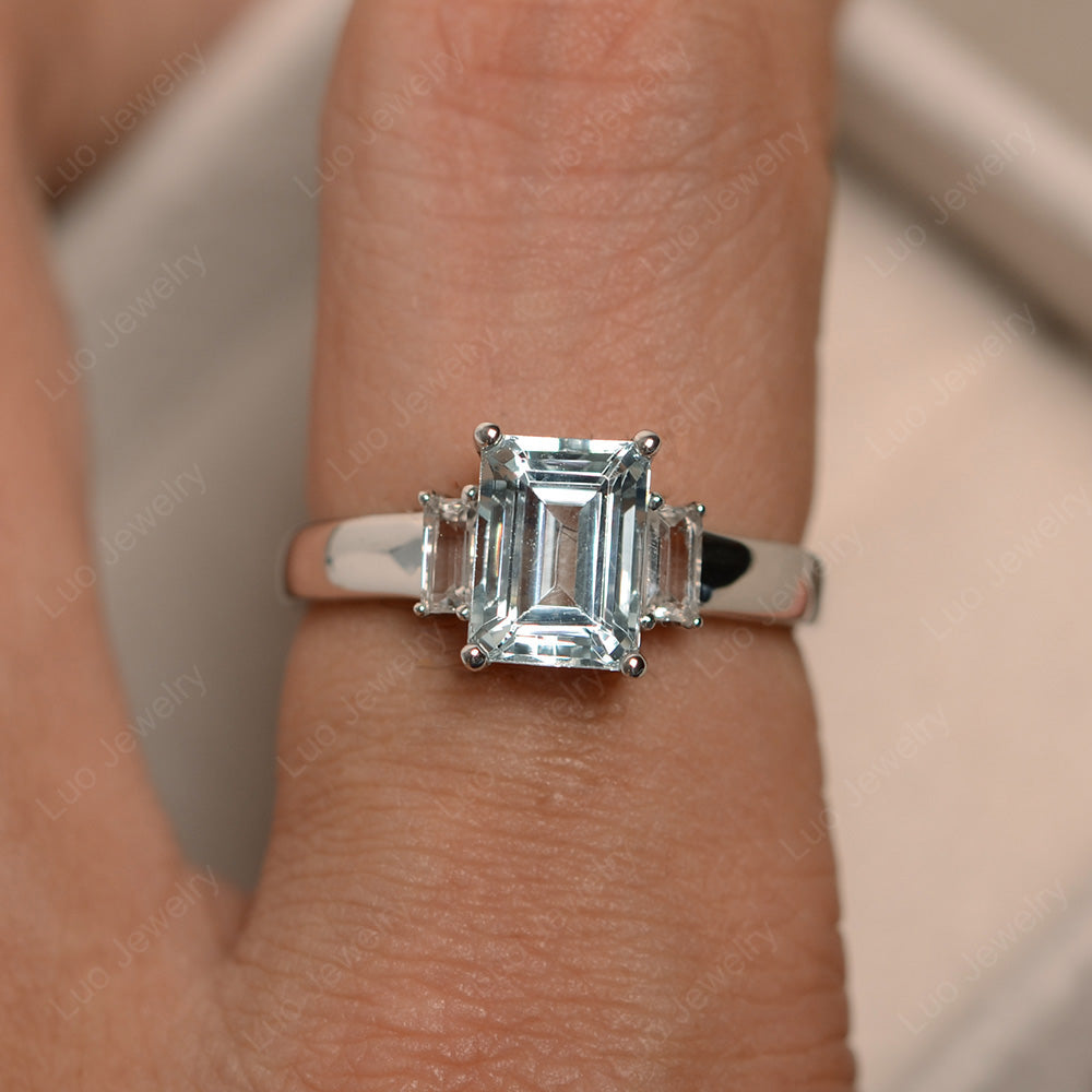 Emerald Cut Aquamarine Ring With Baguette - LUO Jewelry