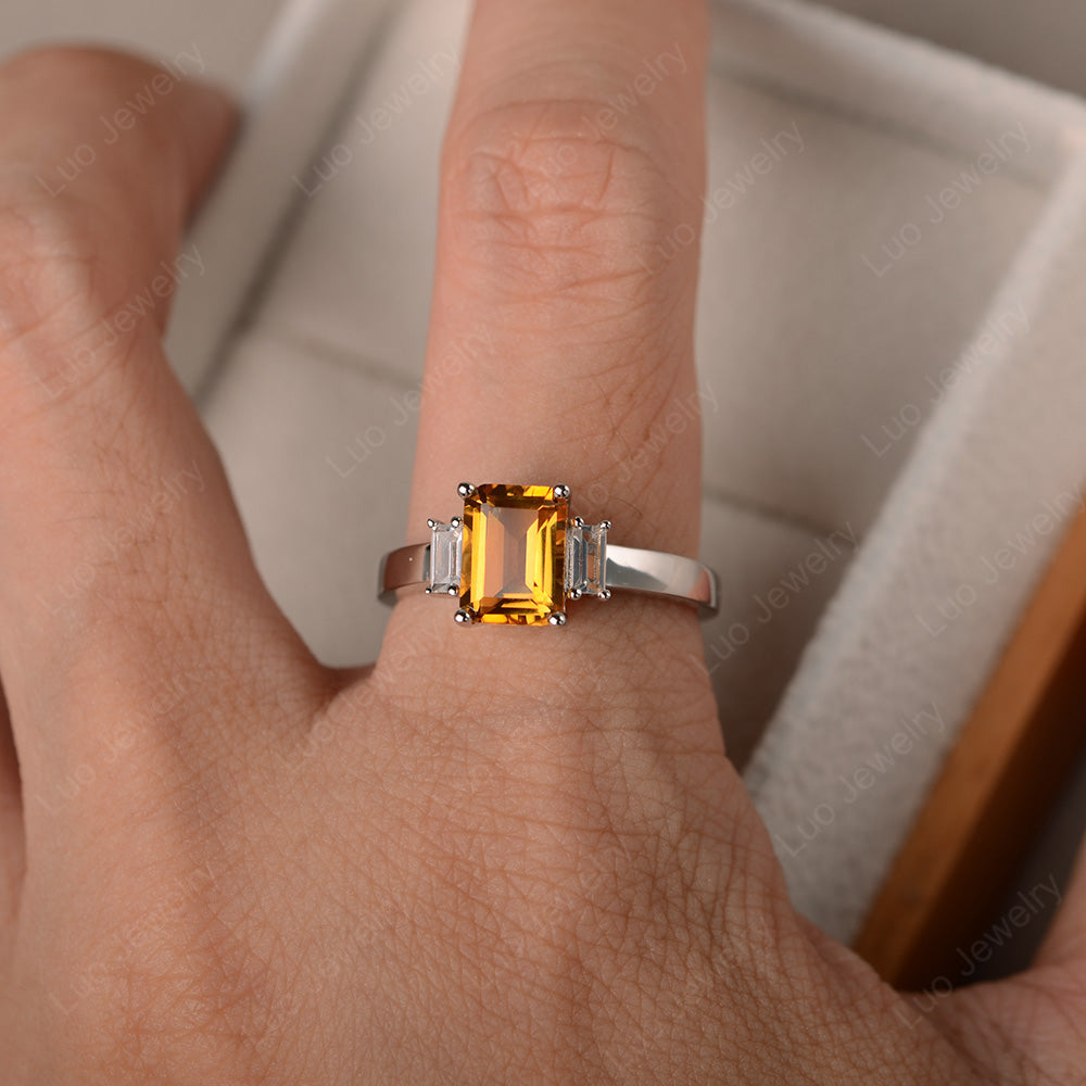 Emerald Cut Citrine Ring With Baguette - LUO Jewelry
