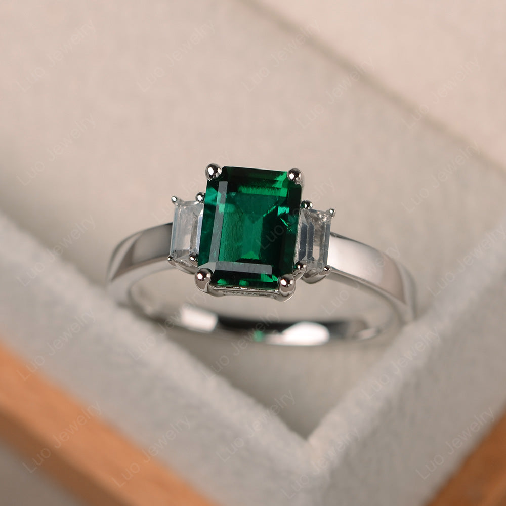 Emerald Cut Lab Emerald Ring With Baguette - LUO Jewelry