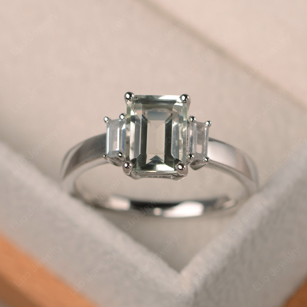 Emerald Cut Green Amethyst Ring With Baguette - LUO Jewelry