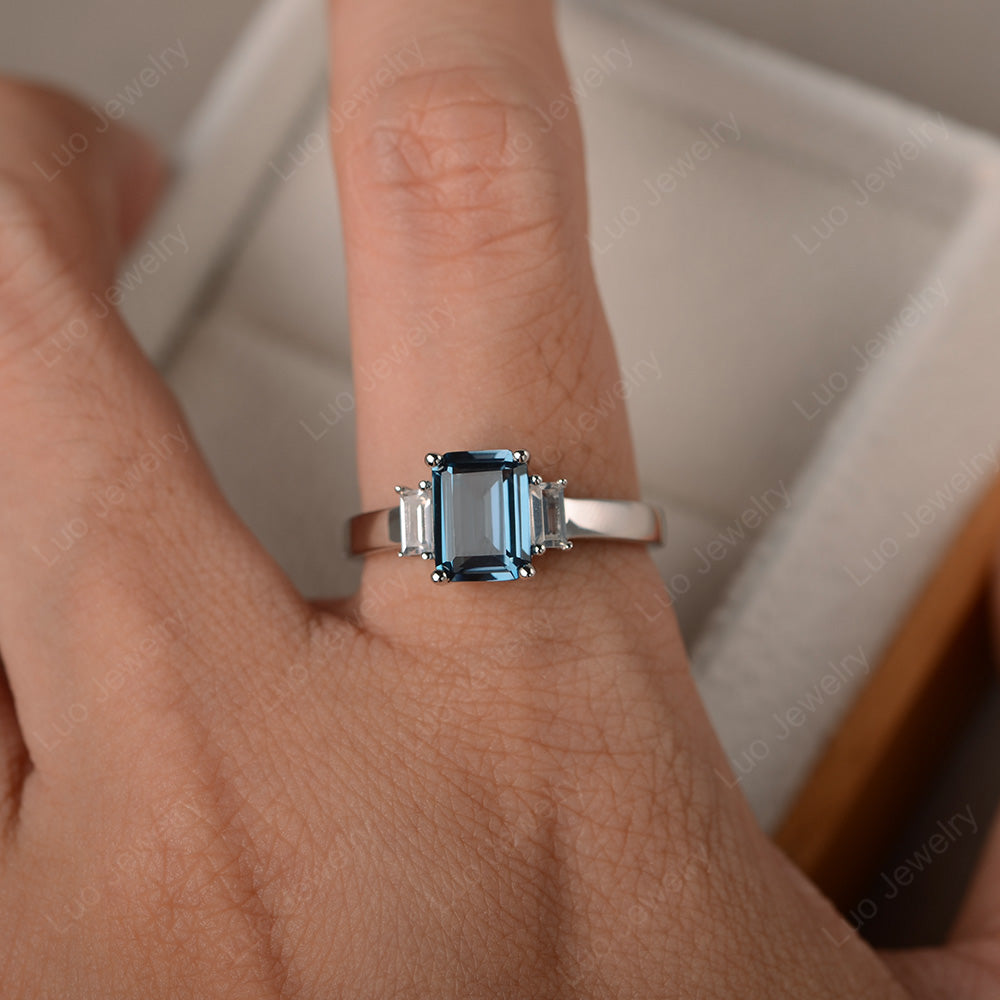 Emerald Cut London Blue Topaz Ring With Baguette - LUO Jewelry