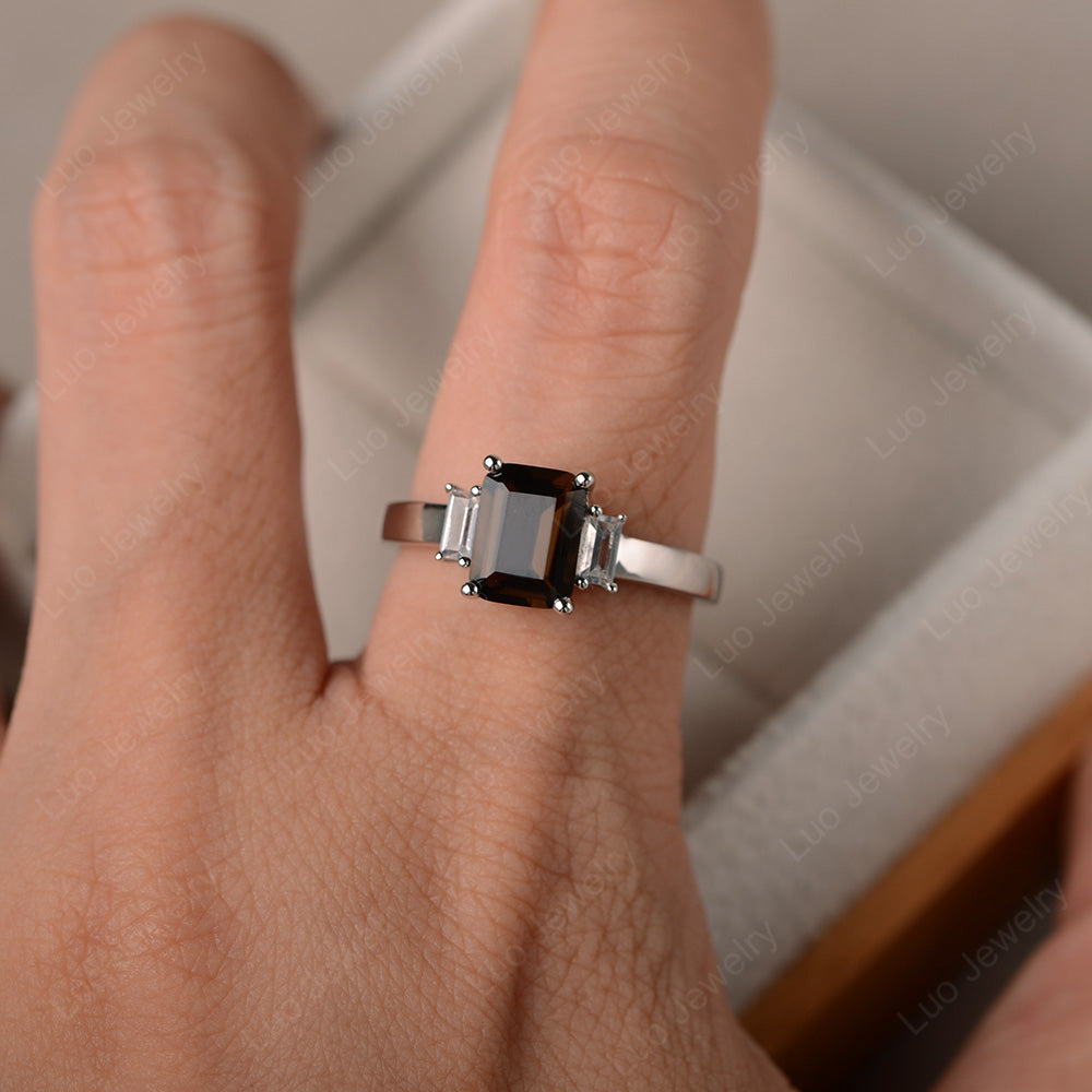 Emerald Cut Smoky Quartz  Ring With Baguette - LUO Jewelry