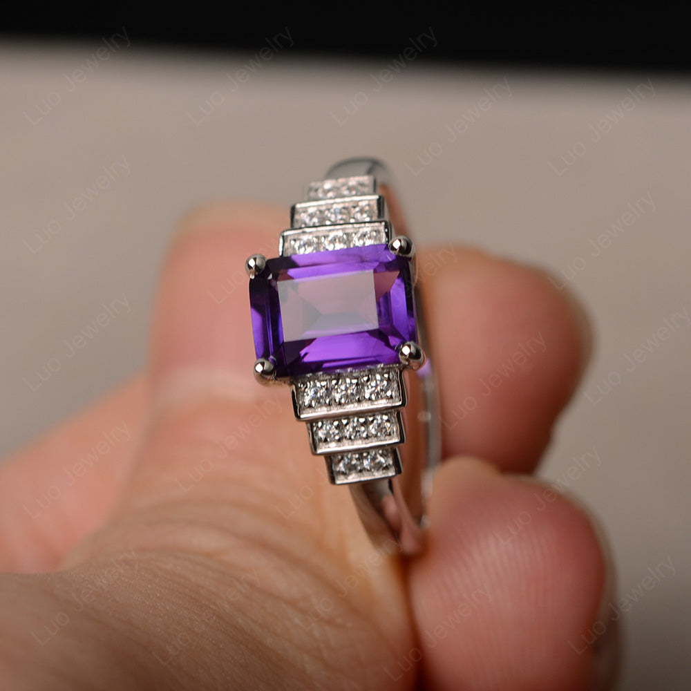 Emerald Cut Amethyst Promise Ring Silver - LUO Jewelry