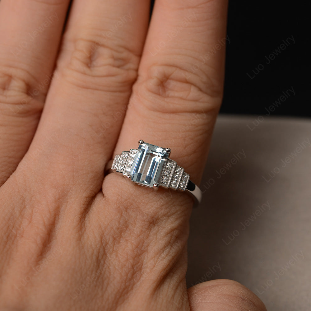 Emerald Cut Aquamarine Promise Ring Silver - LUO Jewelry