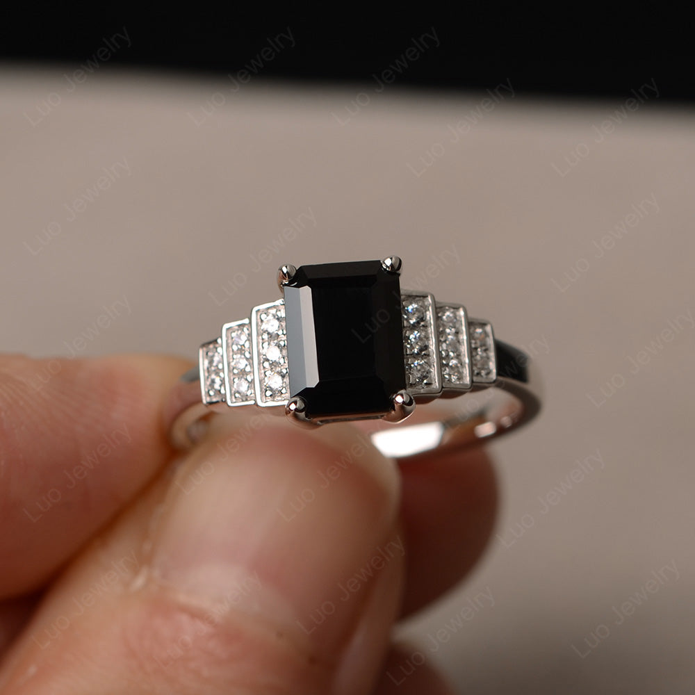 Emerald Cut Black Spinel Promise Ring Silver - LUO Jewelry