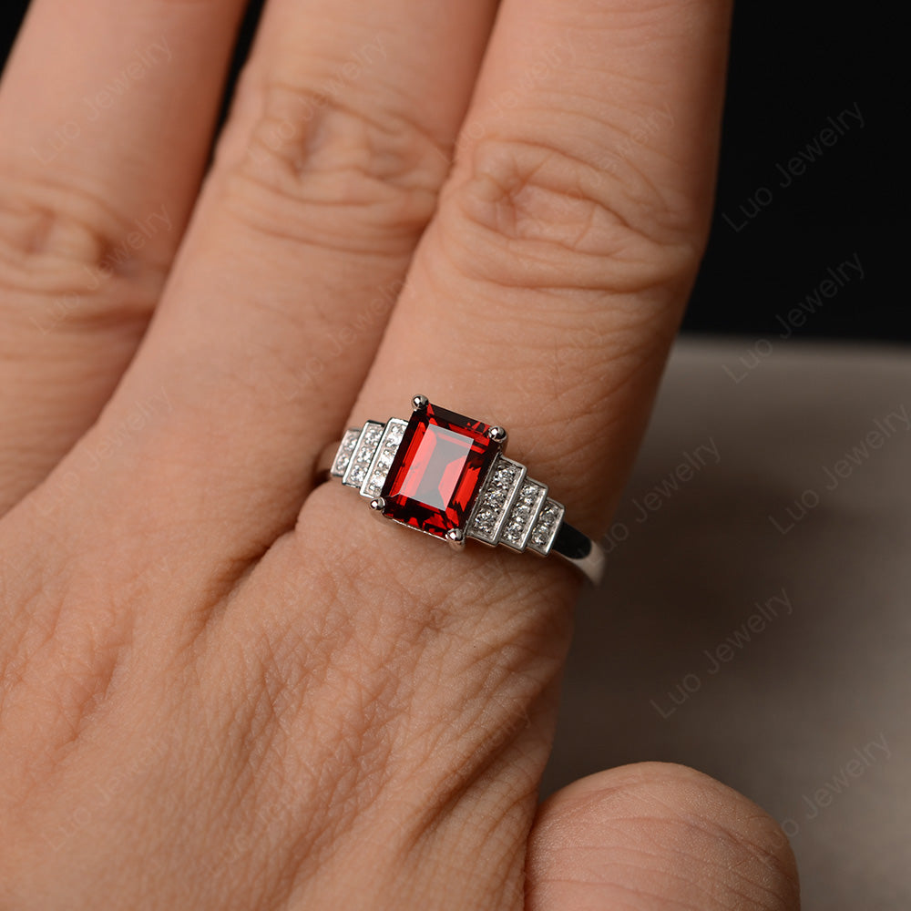 Emerald Cut Garnet Promise Ring Silver - LUO Jewelry