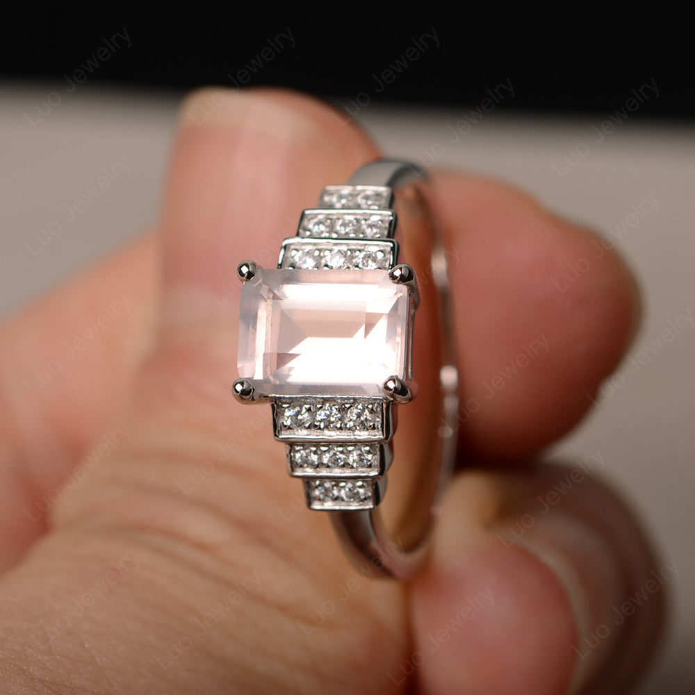 Emerald Cut Rose Quartz Promise Ring Silver - LUO Jewelry