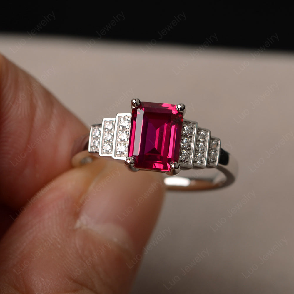 Emerald Cut Ruby Promise Ring Silver - LUO Jewelry