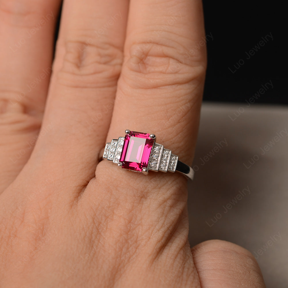 Emerald Cut Ruby Promise Ring Silver - LUO Jewelry