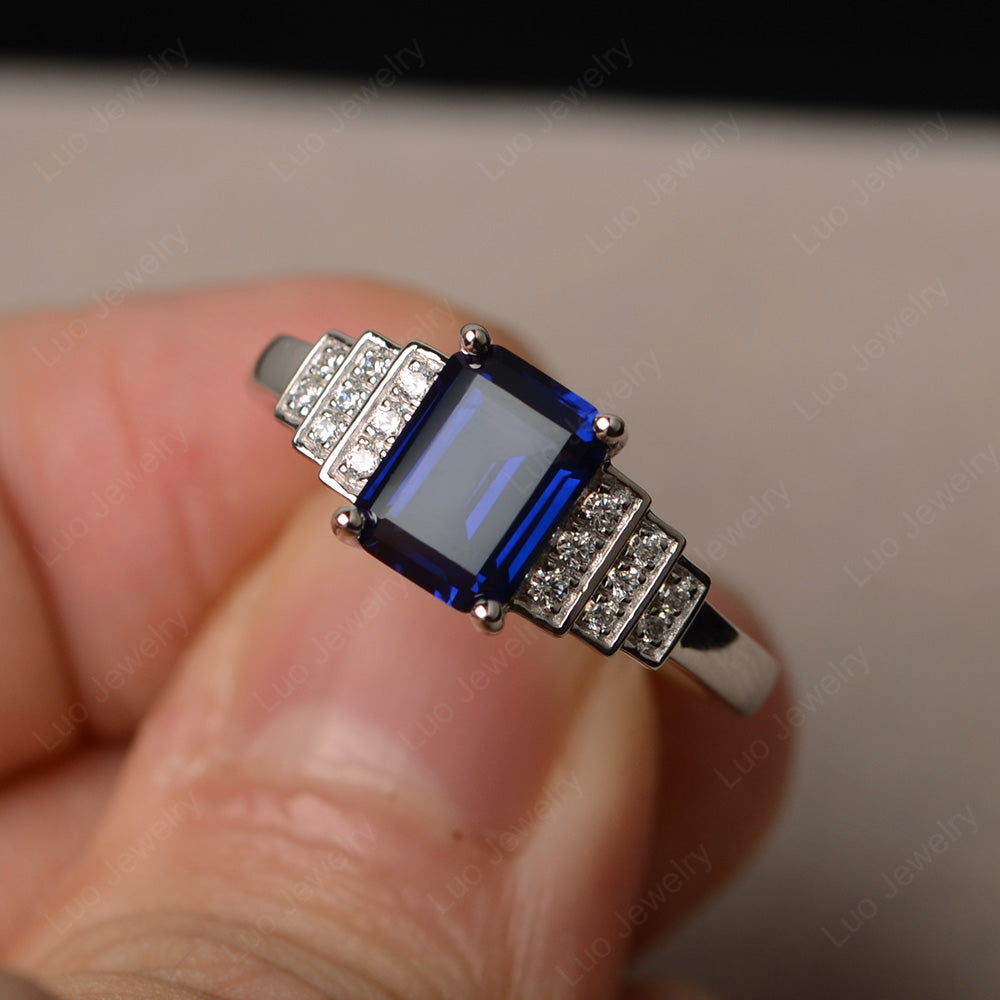Emerald Cut Lab Sapphire Promise Ring Silver - LUO Jewelry