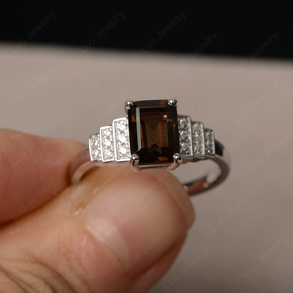 Emerald Cut Smoky Quartz  Promise Ring Silver - LUO Jewelry