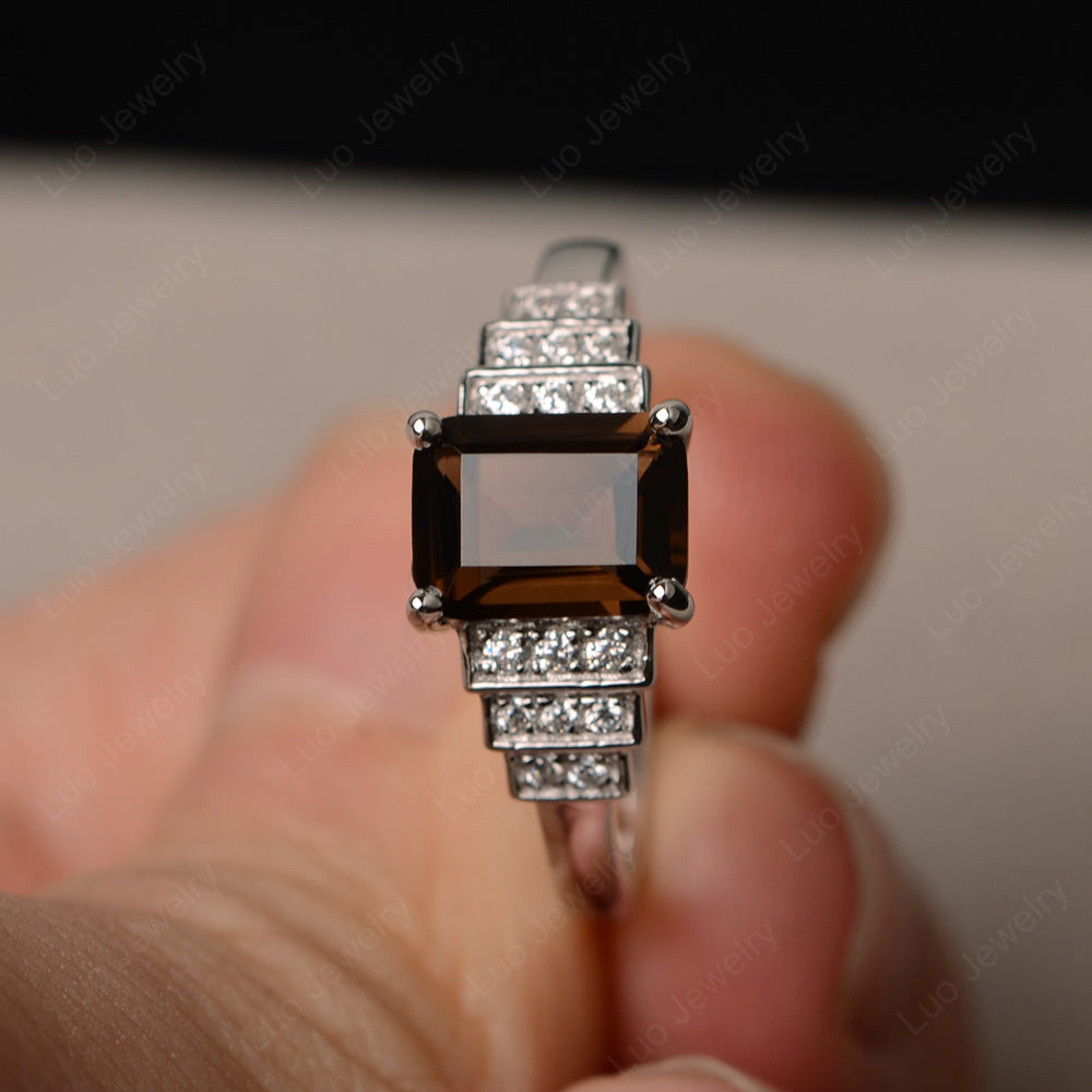 Emerald Cut Smoky Quartz Promise Ring Silver - LUO Jewelry