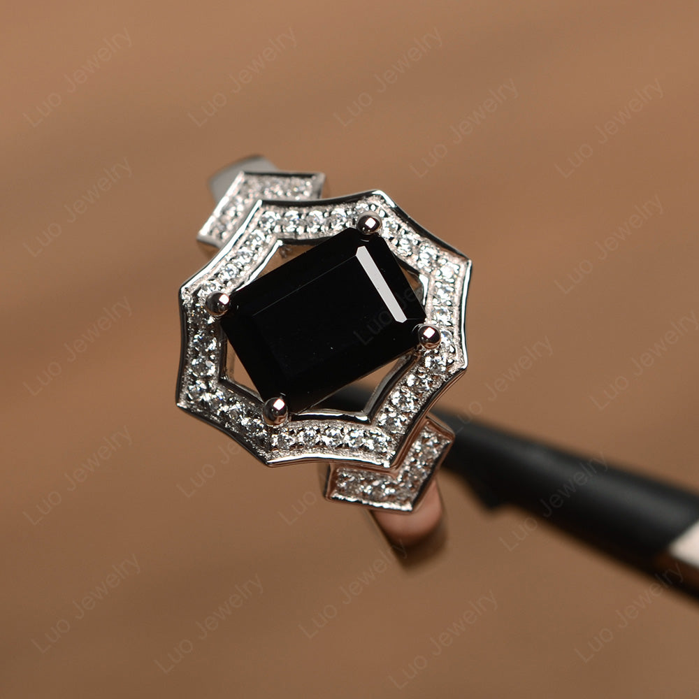 Emerald Cut Black Spinel Cocktail Ring White Gold - LUO Jewelry